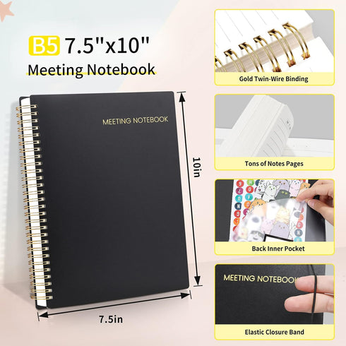 SUNEE Meeting Notebook with Sticky Tabs, 160 Pages B5 Project Planner for Office & Business