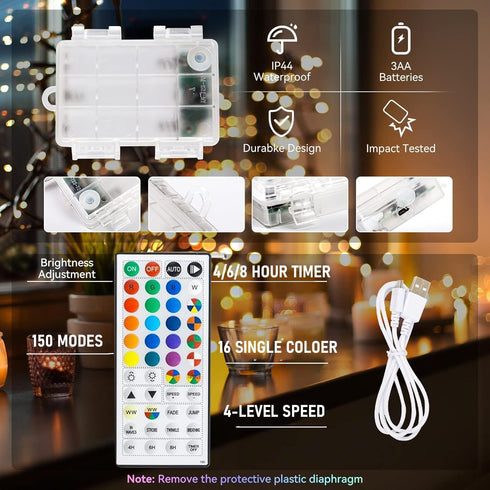 2 Pack 40FT 120LED Dazzle Bright Color Changing Fairy Lights Battery Operated, Total Silver Copper Wire RGB String