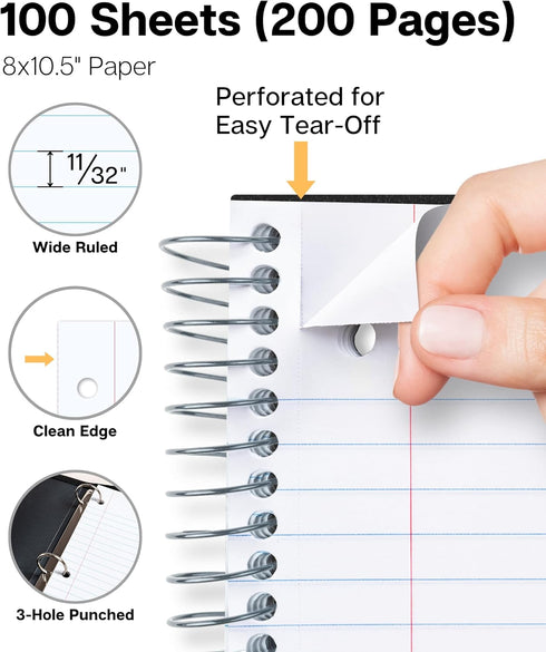 Dunwell 1-Subject Spiral Notebook, Black Plastic Cover, 100 Sheets (200 Pages) Wide Rule, 8x10.5 Paper