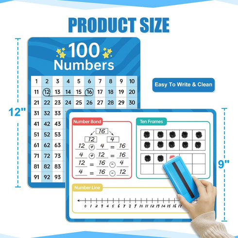 Dry Erase Number Line Whiteboard 9" x 12" 1-100 Double-Sided Math Practicing Chart for Kids, Classroom Supplies
