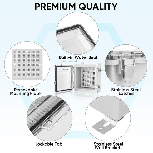 TICONN Waterproof Electrical Junction Box IP67 - ABS Plastic Enclosure with Hinged Cover and Mounting Plate