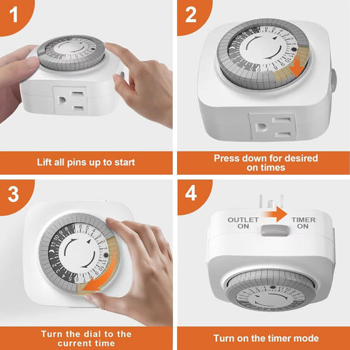 24 Hour Indoor Mechanical Timer - 2 Ground 3 Plug Socket Timer, 30 min Daily on/Off Cycle for Lamps, 2 Pack