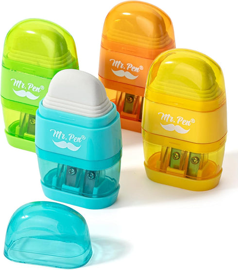 Mr. Pen Pencil Sharpener & Eraser, 4 Pack, Colorful, 2 Sharpening Holes, Manual Handheld Pencil Sharpener