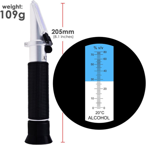 Alcohol Refractometer with ATC, 0~80% VOL Optical Handheld Concentration Tester for Distilled Beverages