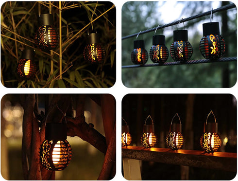 2 Pack Solar Outdoor Lights Simulation Flame Chandelier Decorative Hanging LED Round Ball Lights Solar Garden Lights