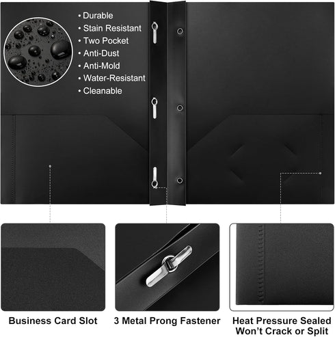 Cholemy 36 Pcs Plastic Pocket Folders, Heavy Duty with 2 Pockets and 3 Prongs, Letter Size Bulk File Folders (Black)