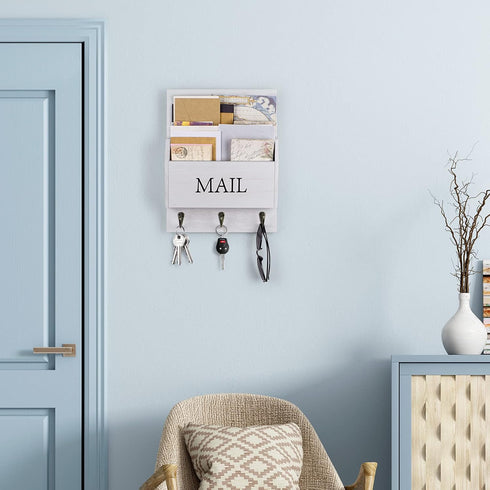 DLQuarts Mail Organizer with Key Holder, Wall Mounted Wooden Mail Sorter with 3 Hooks, White