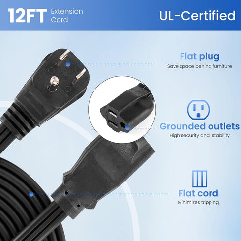 YOJOE Indoor Extension Cord, 3 Prong Grounded 13A Power Cord, 16 Gauge 12 ft Black Flat Plug