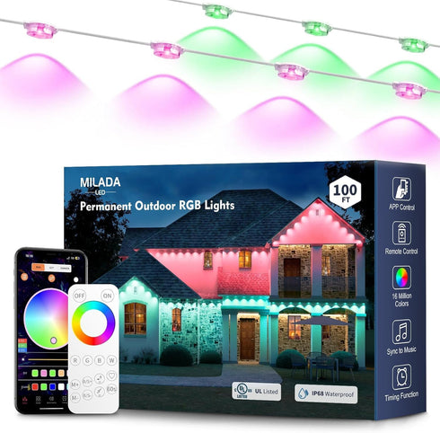 Permanent Outdoor Lights RGB 100FT/50LEDs Decor IP68 Waterproof Music Sync Eaves Lights