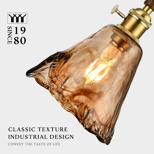 6"x11.5" 15"-72" E26 Modern Amber Glass Pendant Light, Floral Bell-Shaped Hanging Light with Wood Handle & Brass Cap