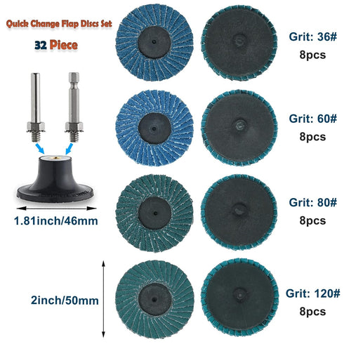 32 Piece 2-Inch Flap Discs Set with 1/4 Shank Holder, T27 Zirconia Grinding Wheels for Die Grinder