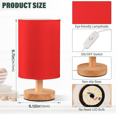 YYZZH Red Table Lamp with Wood Base Fabric Lamp Shade Bedside Nightstand Desk Lamp for Living Room Bedroom Kids Room