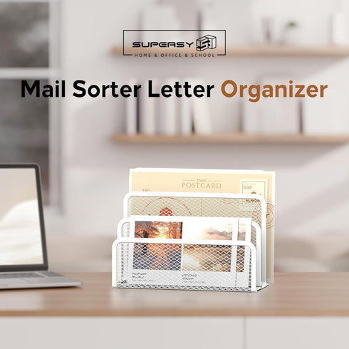 SUPEASY Mail Organizer, Desktop File Holder with 3-Slot, Mesh Metal Countertop Letter Sorter for Office