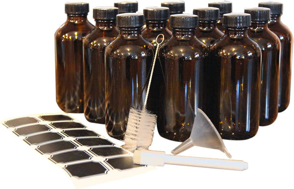 Nevlers 12 Pack 8 oz Amber Glass Bottles with Caps, Leakproof Brown Bottles with Funnel and Brush for Easy