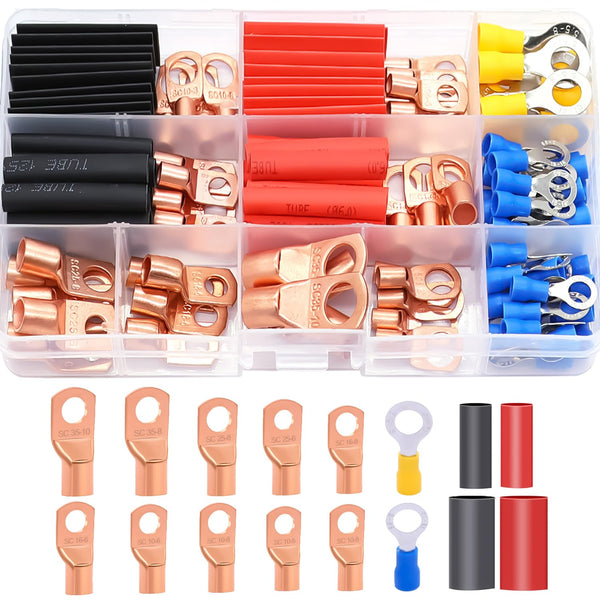 Twidec 110PCS Battery Cable Ends AWG 2-16 Copper Wire Lugs, Ring Terminals Connectors with Heat Shrink N-067