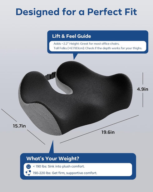 Tailbone Feagar Seat Cushion - Office Chair Cushion for Hip, Sciatica & Pain Relief - Memory Foam Pressure Relief Seat