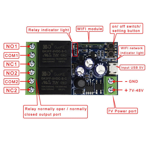 5v DC7V/12v/24v/48v 2 Curtain(2pcs,2ch) Ewelink WiFi Wireless Smart Relay Module USB Channel Switch for Garage Door
