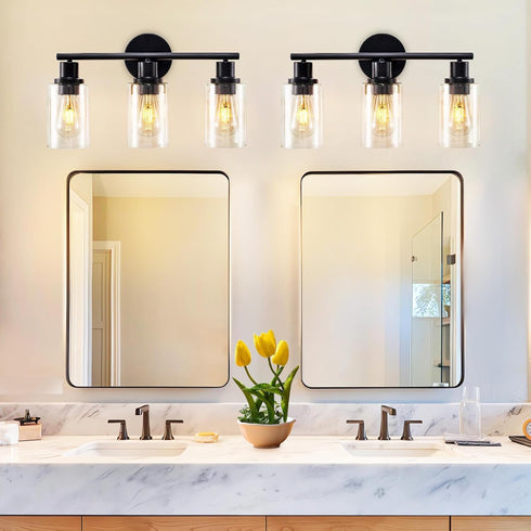 3-Light 18.51" DLLT Bathroom Light Fixtures: Black Modern Vanity Lights with Clear Glass Shade - Bathroom Wall Lamp