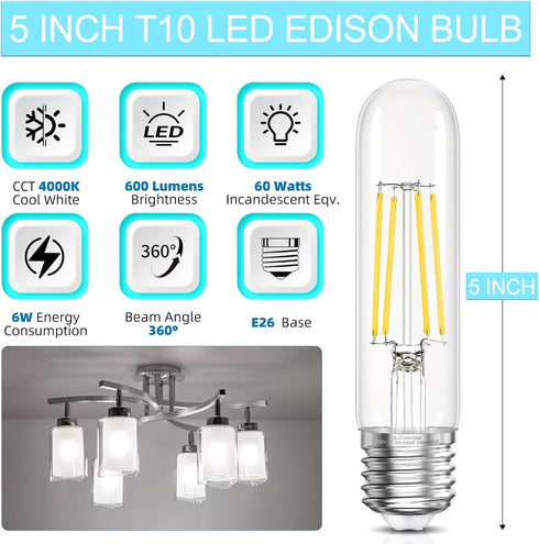 Bulb Dimmable 4000K 6W, 60 E26 Bulbs, T10 Bulbs 90+CRI 600LM, 6 Pack GvvooHome Tubular LED Edison Neutral White, watt