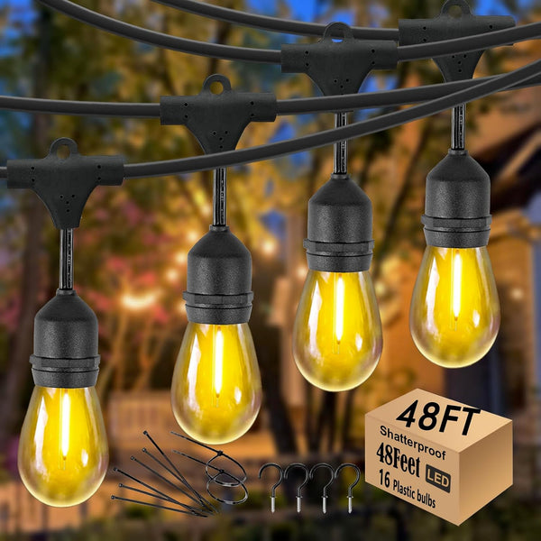 Commercial Outdoor String Lights 48FT, 15+1 LED Replaceable S14 Edison Bulbs 2200K,