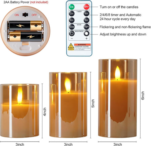 5plots 3D Set 3, D3 H4 5" 6" Glass Battery Operated Gold Flameless Candles with Remote Timer, Wick Real Wax Pillar Led