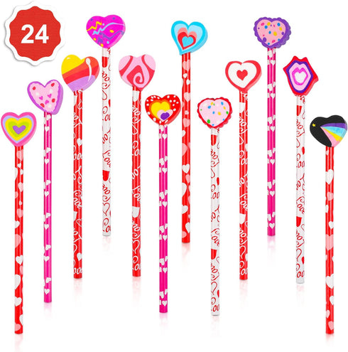 Konsait 2 Dozen (24) Valentine Pencils Assortment with Giant Eraser Topper Decorated with Love Hearts, Candies, Stars