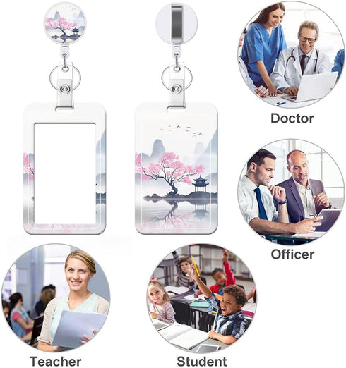 Retractable Badge Holder with Carabiner Clip, Vertical ID Holder with Keychain, Landscape Painting Design