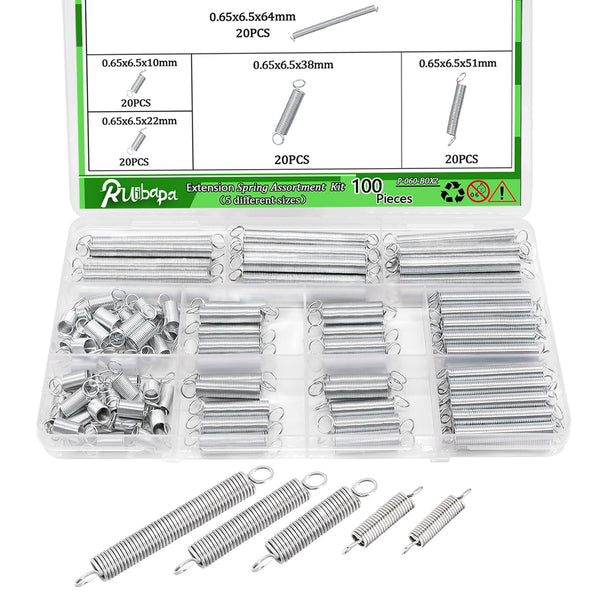 Extension Spring Assortment Kit 100PCS - 5 Different Sizes Zinc Plated for Home Repairs & DIY
