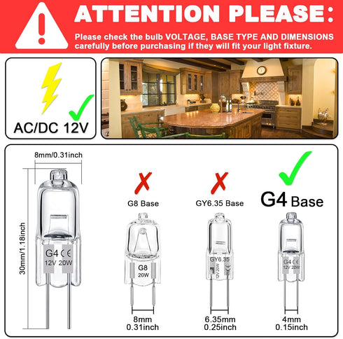 TAIYALOO G4 Bulb 12 Pack Crystal Clear Halogen Light Bulb 2 Pin 12V 20W JC T3 Bi-Pin G4 Base Dimmable 2700K Warm White 2 Prong Light Bulb for Under Cabinet Puck Light, Chandeliers, Landscape Lighting by TAIYALOO