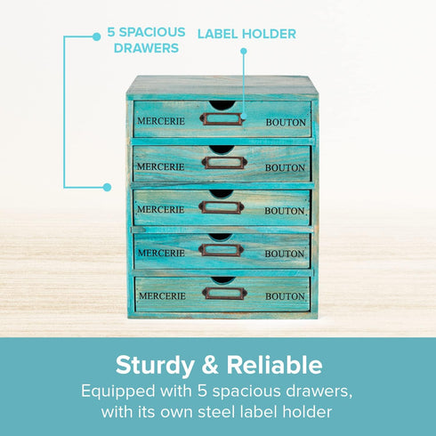 Turquoise 5-Tier Drawer Desktop Curio Cabinet, French Farmhouse Country Desk Organizer Box with Label Holder