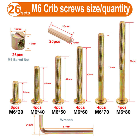 weideer 26 Set M6x20/40/50/60/70/80mm Crib Screws Hardware Replacement Kit Baby Bed Frame Bolts Barrel Nuts Wooden