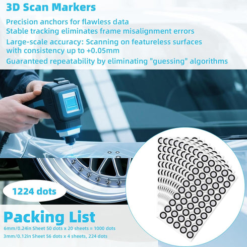 Fukaisu 1224pcs 3D 3D (1000pcs 6mm/0.24in 224pcs 3mm/0.12in) Scanning Markers, High Reflective Scanner Tracking Dots
