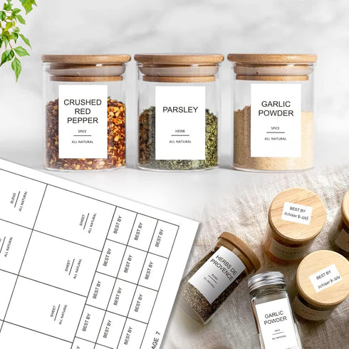 GPOVVIMX 191 Spice Jar Labels Preprinted Minimalist Stickers - White Waterproof Label - Fit Round or Rectangle Spice
