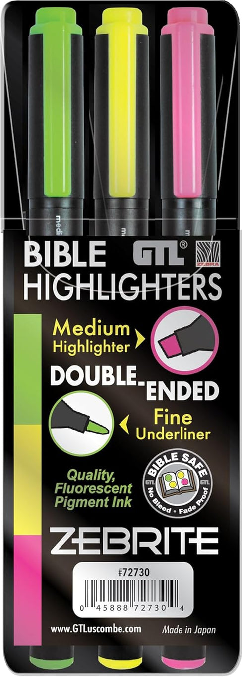 G.T. Luscombe Company, Inc. Zebrite Double Ended Bible Highlighter Set, No Bleed Pigmented Ink, Set of 3