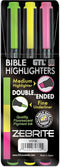G.T. Luscombe Company, Inc. Zebrite Double Ended Bible Highlighter Set, No Bleed Pigmented Ink, Set of 3