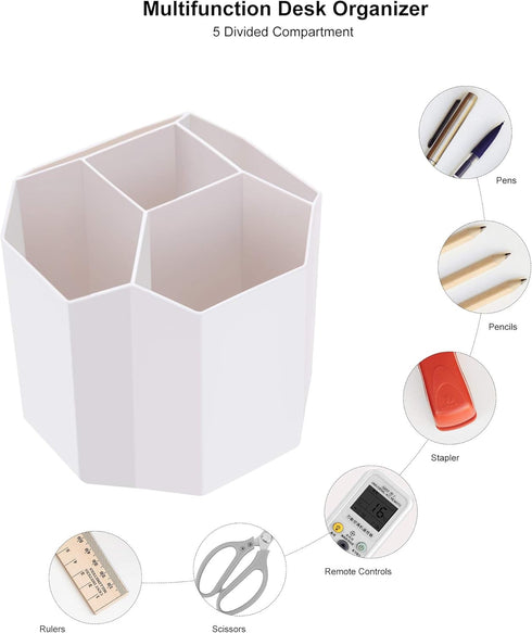 Desk Pencil Pen Holder, 360-Degree Rotating 5 Grid Organizer for Desktop Storage, Home, Office, School, Kids, White