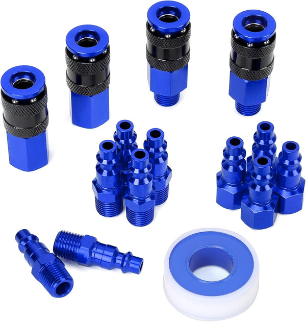 15 Pieces 1/4" NPT Aluminum Air Coupler and Plug Kit, Quick Connect Air Fittings, Industrial Quick Connector Set