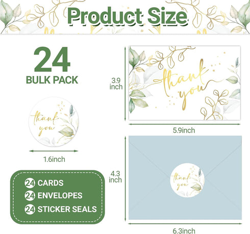 SMUAENSS 24 Pack 4x6 Inch Green Thank You Cards With Envelopes, Eucalyptus Leaves Thank You Card, for Mother's Day