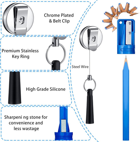 Honoson 24 7 Inches Pieces Carpenter Pencils Octagonal Hard Black Construction Flat Pencils with Retractable Pen Holder