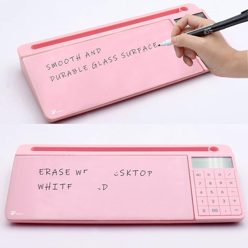TOWON Pink Desk Dry Erase Board with Detachable Calculator, Small Glass Desktop Whiteboard, 17 x 6 in