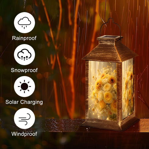 RAINFALLARING Solar Lantern Elegant Yellow White Rose Bouquet Sunflowers Glitter Accents Outdoor Waterproof Hanging