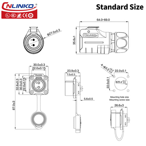 CNLINKO LP-20 Industrial Waterproof Connector, IP68 Circular Connector Quick Plugging, M20 2-12 Pin Flange Socket
