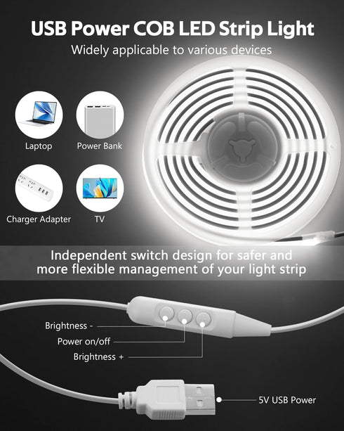 2M 6.6FT 5V Dimmer 6000K Dimmable 640LEDs/2M IP67 COB LED Rope Light Outdoor USB Powered LED Light Strip with Daylight
