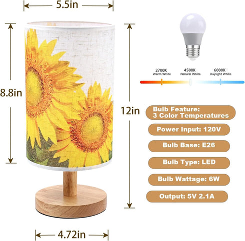 Lamp,3 Sunflowers Flower Table Lamp,Birthday Gifts for Women Mom, US Plug Linen Bedside Colors Temperatures Small Night