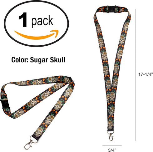 Lucky Line Lanyard with Swivel Snap, Sugar Skull Design (C210), 17 ¼” Long, ¾” Wide
