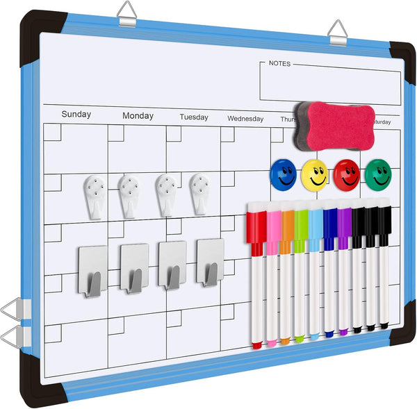 Magnetic Dry Erase Calendar Whiteboard, 16" x 12" Monthly Planner for Home, School, Office, Kitchen (Blue)