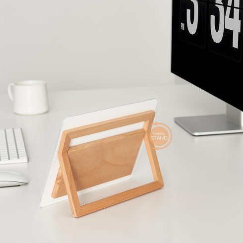 Glass Desk Whiteboard with Reversible Wood Stand, Small Portable Desktop Dry Erase White Board, Reusable Desk Notepad