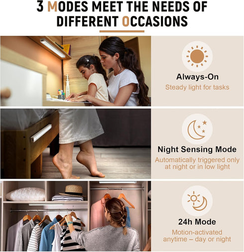 8inch 2 Pack sensored,3 Dimmable Closet Under Cabinet Lighting, Pantry Lights Motion Modes & Stick-On Wireless Lights