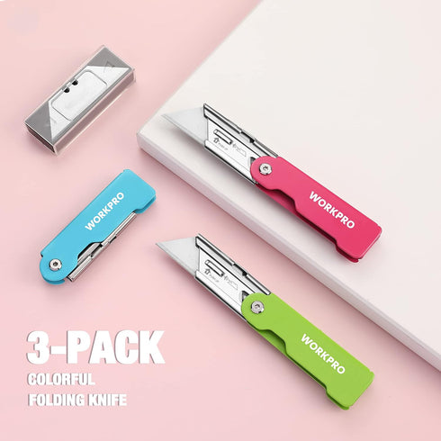 3-Pack Set, 10 SK5 WORKPRO Folding Utility Knife Quick Change Blade Box Cutter, Razor Knife with Belt Clip, Extra