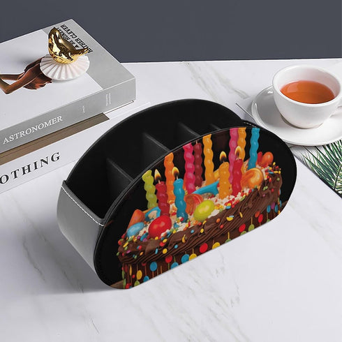KLITGFEW Leather Remote Control Holder Happy Birthday Big Cake TV Remote Store Box Multifunctional Desktop Organizer